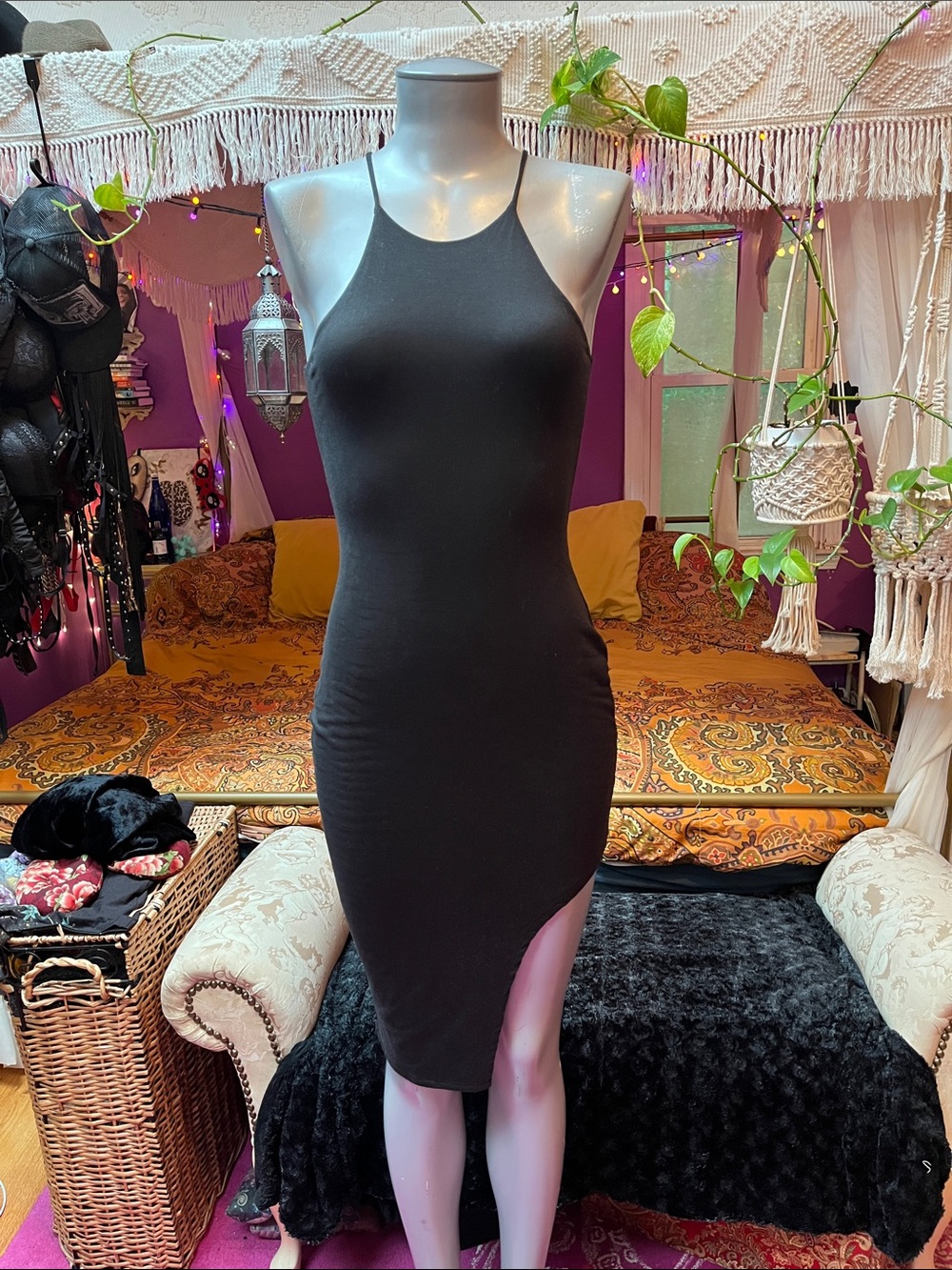 Vintage 2010s Charlotte Russe asymmetrical bodycon high neck midi dress